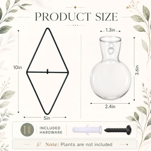 2 Pack Wall Hanging Glass Vase with Metal Frame, Wall Mounted Plant Propagation Station, Diamond Shape Hydroponic Glass Planters with Iron Holder and Screws for Indoor Decor (Black)