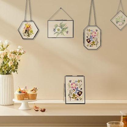 5 Pcs Pressed Flower Frames with Tweezers, Wall Hanging Tabletop Display Double Glass Frames with Metal Chain for Pressed Dried Flowers Plants, Horizontal and Vertical Picture Frame, Black - color: Black-5