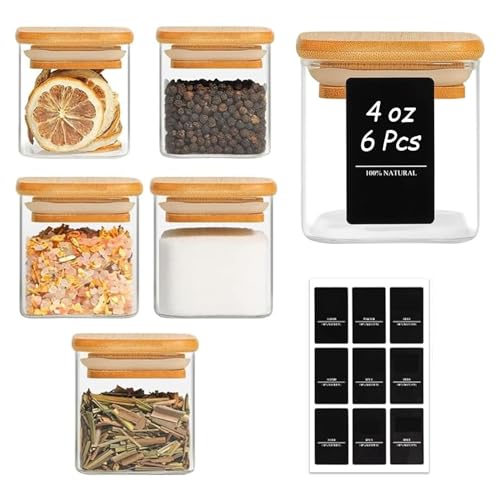 ComSaf Glass Spice Jars with Labels 4 oz 6 Pack Small Square Bamboo Lids | Empty Containers, Seasoning Herbs Powders, Salt Pepper Chili, Kitchen Cabinet Storage Starter Set, Dry Goods