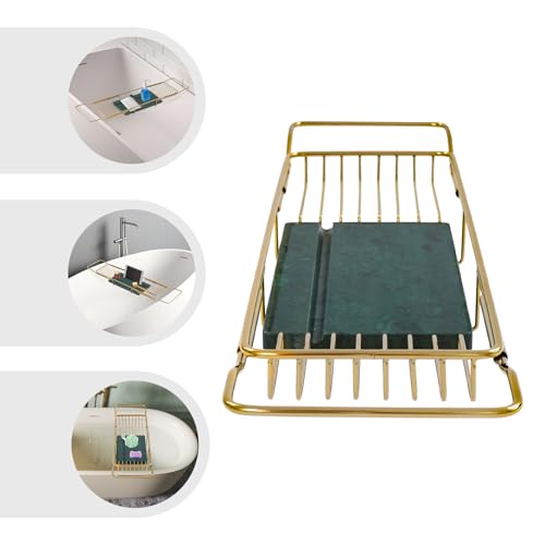 Bathtub Tray Caddy for Luxury Bath, 26.8-35.4in Expandable Bathtub Tray with Raised Guardrail and Deep Groove, 44.09 lbs Capacity, for Toiletries, Tablets, Kitchen Sink Fruits (Gold, Green) - color: Gold, Green
