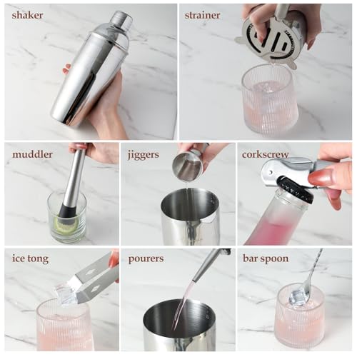 23-Piece Cocktail Shaker Set with Stand, 304 SS, Bartender Kit Gift | Complete Home Bar Set: Leak-proof Shaker, Jigger, Muddler, 18/8 Steel, Gift for beginners, cocktail lovers & house parties - color: brown-y