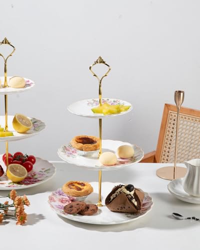 Sweejar 3 Tier Ceramic Cake Stand Wedding, Dessert Cupcake Stand for Tea Party Serving Platter (Rose Flower) - color: Rose Flower