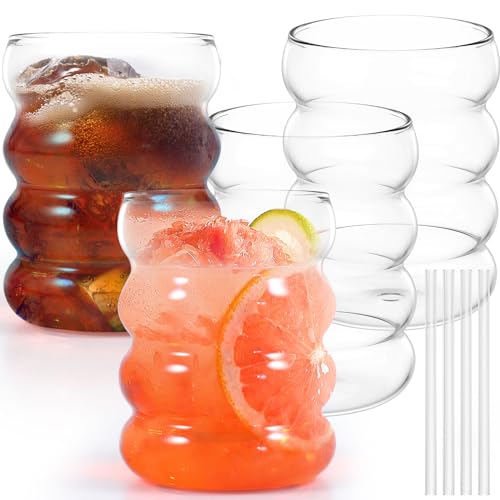 Ribbed Drinking Glass Cups with Glass Straws Set of 4, 10 oz Aesthetic Iced Coffee Glasses, Bubble Glasses Drinking Tumbler, Ribbed Glassware, Beer Glasses for Coctail, Soda, Juice | Aesthetic Clear Glass Cups with Matching Glass Straws, for Iced Coffee,