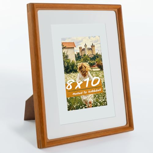 Handmade Solid Teak Wood 8x10 Picture Frame with Real Glass, Photo Frame with Mat Fits 4x6/6x8 Photo, Tabletop & Wall Mount Display for Home Decor & Festival Gift - color: Teak, size: 8×10
