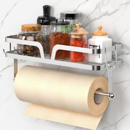Taozun Paper Towel Holder with Shelf, Kitchen Paper Holder Wall Mount Spice Rack Paper Towel Roll Holder with 4 Hooks (2 Installation Methods - Self-Adhesive and Drilling), Silver - style: SP007 Silver