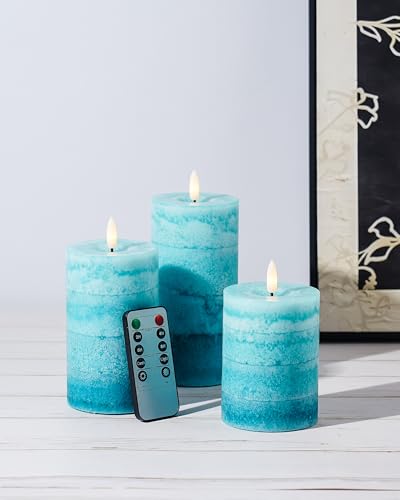 Stmarry Gradient Teal Flameless Candles with Remote and Timer, Real Wax Made LED Pillar Candles Battery Operated with 3D Flickering Flame - 3" x 4",5",6" - Set of 3 Turquoise Candles - color: Gradient Teal