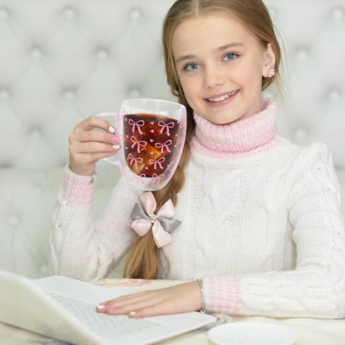 JarThenaAMCS Pink Bow Double Wall Glass Coffee Mugs 12Oz Cute Bowknot Heart Insulated Glasses Clear Espresso Cups with Handle for Home Holiday Supplies, Set of 2 - style: Pink Bow Heart
