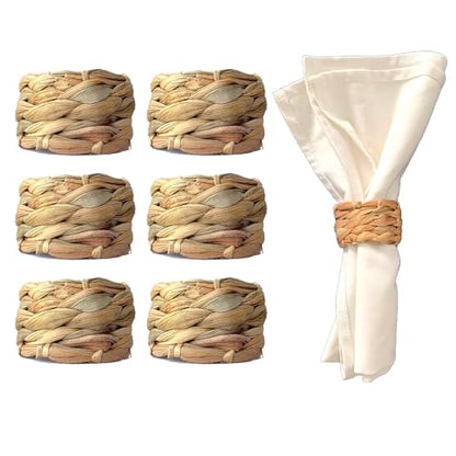 Set 6 Woven Water Hyacinth Napkin Rings | Rustic Boho Wicker Napkin Holders | Natural Farmhouse Rattan Napkin Ring for Christmas, Thanksgiving Dining Table, Wedding Party - size: Set of 6