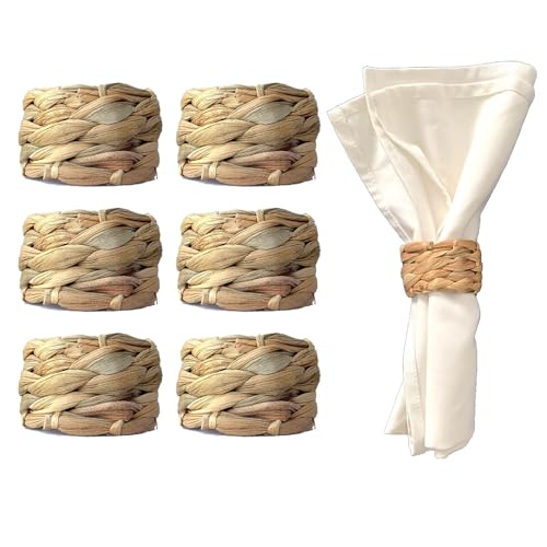 Set 6 Woven Water Hyacinth Napkin Rings | Rustic Boho Wicker Napkin Holders | Natural Farmhouse Rattan Napkin Ring for Christmas, Thanksgiving Dining Table, Wedding Party - size: Set of 6