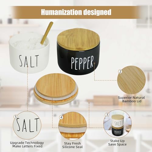Farmhouse Salt And Pepper Containers,12 oz Salt Containers For Countertop,Stacked Ceramic Cellar With Bamboo Lid, Spice Box With Spoon,Seasoning Holder with lid,Ceramic Bowls (B&W)