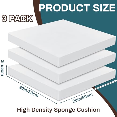 Frienda 3 Pack 2" x 20" x 20" Upholstery High Density Foam Cushion | 2.2 Density 50ild Replacement Square Cut to Size Foam Padding, Seat Couch for Patio Furniture Commercial Dinning Benches - size: 2 x 20 x 20 Inch