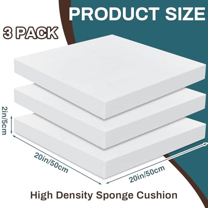 Frienda 3 Pack 2" x 20" x 20" Upholstery High Density Foam Cushion | 2.2 Density 50ild Replacement Square Cut to Size Foam Padding, Seat Couch for Patio Furniture Commercial Dinning Benches - size: 2 x 20 x 20 Inch