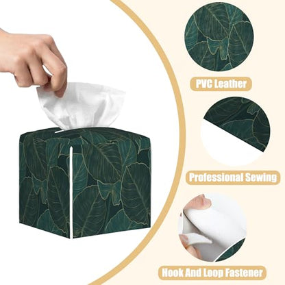 Tropical Green Leaves Tissue Box Cover Square, Golden Line Art Tissue Box Holder with Bottom Belt Leather Facial Paper Organizer Dispenser for Bathroom Bedroom Dresser Night Stand Tabletop - color: Tropical Green Leaves
