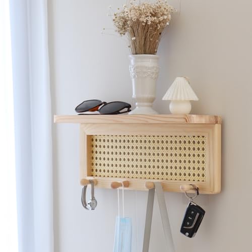 PE Rattan Key Holder with 4 Key Hooks ,Wall Mounted Decorative Floating Shelf for Entryway,Nursery,Mudroom, Hallway, Office (Burlywood) - color: Burlywood