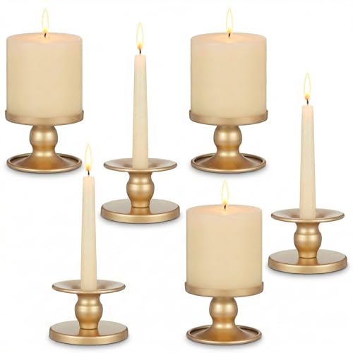 Gold Candle Holders Set of 6, Reversible Pillar Candle Holder and Taper Candles Stand, Metal Table Centerpiece for Wedding Dining Room Holiday Decor