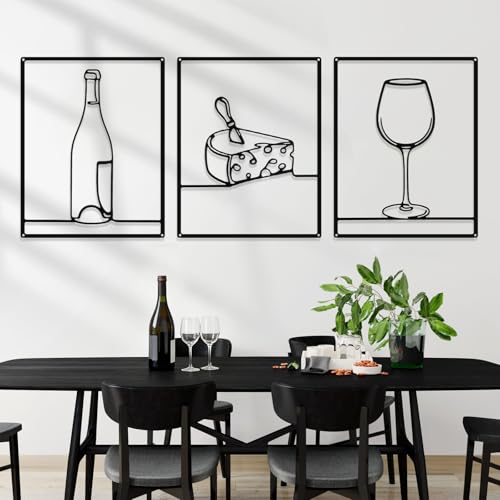 Otoolling 3 Pcs Metal Kitchen Wall Art Line 14x11,Wine,Black | Minimalist Line Art with Wine Motifs Cheese, Rustic Decor for Dining Living Bathroom, Metal Frame on Black - color: Black, style: Wine