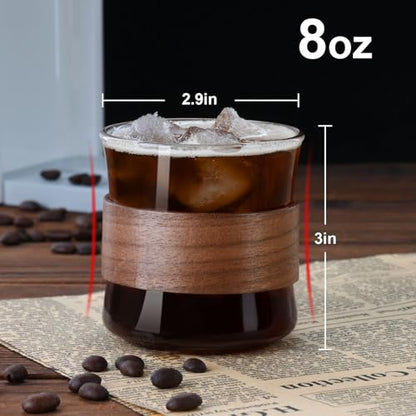 PARACITY Espresso Cups Set of 2 with Wooden Ring, 8 OZ High Borosilicate Espresso Shot Glass, Clear Small Expresso Shots Cup, Espresso Accessories | Clear borosilicate cup set -20°C to 150°C; wood bands limit heat transfer on the espresso shot glasses - s