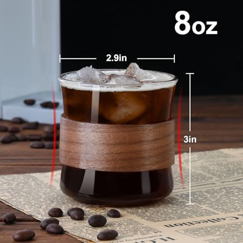 PARACITY Espresso Cups Set of 2 with Wooden Ring, 8 OZ High Borosilicate Espresso Shot Glass, Clear Small Expresso Shots Cup, Espresso Accessories | Clear borosilicate cup set -20°C to 150°C; wood bands limit heat transfer on the espresso shot glasses - s