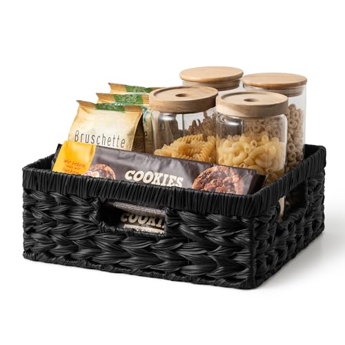 GRANNY SAYS Wicker Baskets for Organizing, Waterproof Black Basket, 1-Pack | Handwoven Wicker Storage Basket for Shelves, Woven Baskets for Pantry Storage, Large Shallow Basket, Black Wicker Basket - color: Black, size: 13"L x 10¾"W x 4¾"H