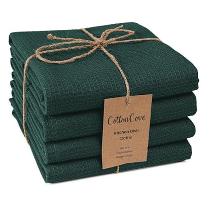 Waffle Kitchen Towels Large 16x26 inch 100% Cotton Set of 4 - Soft Absorbent Washable Tea Towel for Kitchen - Dish Cloths Quick Drying - 320 GSM Quality Dish Towel Green - color: Green