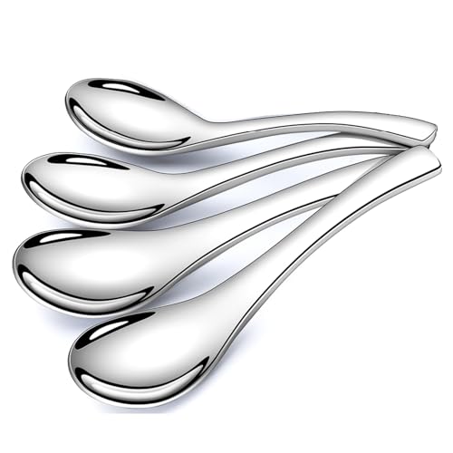 Stainless Steel Soup Spoons - 6 Inch Heavy Duty Asian Soup Spoon for Ramen, Rice, Tea, and Milk, Set of 4 Short Handle Ramen Spoons, Dishwasher Safe, Silver Chinese Table Spoon