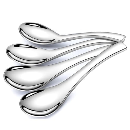 Stainless Steel Soup Spoons - 6 Inch Heavy Duty Asian Soup Spoon for Ramen, Rice, Tea, and Milk, Set of 4 Short Handle Ramen Spoons, Dishwasher Safe, Silver Chinese Table Spoon