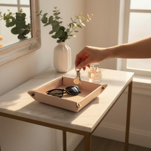 Faux Leather Vanity Tray,Jewelry Holder,Light Pink | Soft-toned vanity tray for makeup, jewelry and beauty essentials on dressers, vanities and bedside tables. - color: Pink