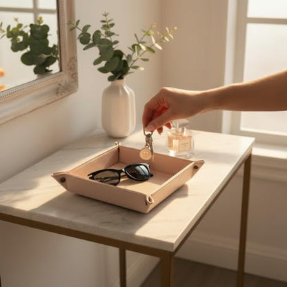 Faux Leather Vanity Tray,Jewelry Holder,Light Pink | Soft-toned vanity tray for makeup, jewelry and beauty essentials on dressers, vanities and bedside tables. - color: Pink