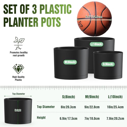 10/9/8 Inch Plant Pots 3 Pack, with Drainage Hole & Saucers | Cylindrical plastic planters with drainage holes & saucers. Modern matte finish, lightweight & durable for indoor/outdoor use - color: Matte Black