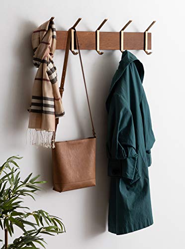 Kate and Laurel Rossmore Modern 5 Hook Shelf, Walnut and Gold, Mid-Century Coat Rack - color: Walnut Brown/Gold