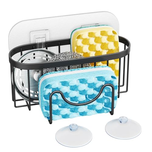 HapiRm Multifunctional Sponge Holder with Unique M-Shaped, 2 Installation Methods Kitchen Sink Caddy Organizer, Rustproof Stainless Steel Kitchen Organizers and Storage Essentials - Black - color: Black, size: with M-shaped Holder