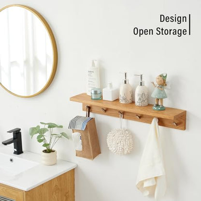 Wall Hooks with Shelf Oak Wood Coat Rack Shelf Wall Mounted, Entryway Shelves with 6 Metal Hangers for Clothes Hats Towel for Bathroom, Bedroom, Living Room (Natural, 27.5 inches) - size: 27.5 inches
