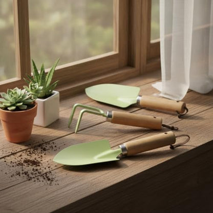 3-Piece Mini Garden Tool Set with Beech Wood Handles and Iron Heads for Indoor Plants, Succulents, and Small Pots - size: 11.02 x 3.54 x 1.18 in