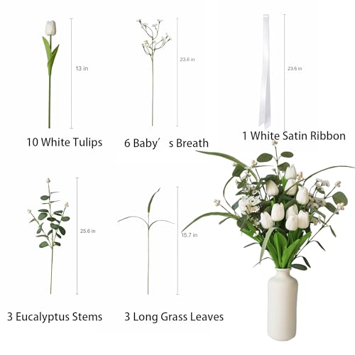 22 Stems White Faux Tulip Bouquet with Eucalyptus | Real touch petals, bendable stems, mixed daisies, farmhouse centerpiece, wedding and Mother's Day decor, no vase - color: Pure White