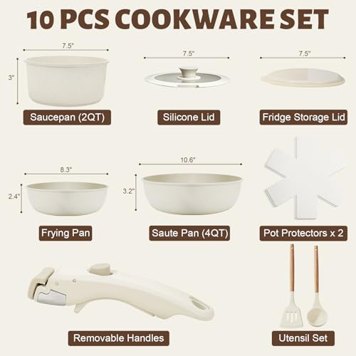 Numola 10 pcs Pots and Pan Set Non Stick with Detachable Handle, White | Non Stick, Detachable, Stackable, Dishwasher ＆ Oven Safe