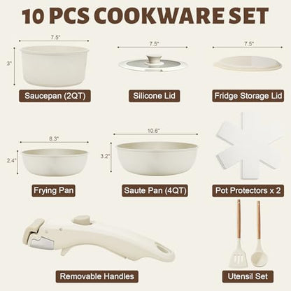 Numola 10 pcs Pots and Pan Set Non Stick with Detachable Handle, White | Non Stick, Detachable, Stackable, Dishwasher ＆ Oven Safe
