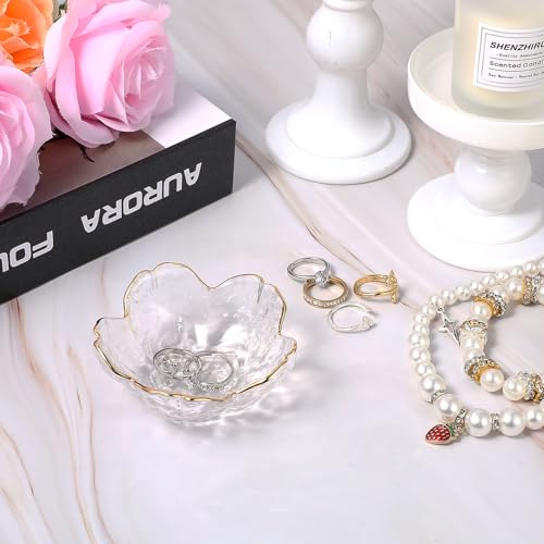 Ouligay Small Cute Jewelry Dish Tray Flower Jewelry Ring Dish Trinket Tray Ring Holder for Women Glass Jewelry Plate Dish with Gilt-Edged Blossom Design Gift for Wife Mom Daughter(Transparent) - color: Transparent