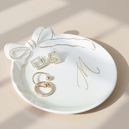 COLLECTIVE HOME Ceramic Jewelry Tray, Monogram Trinket Dish with Bow (M) | Mothers Day Graduation Christmas Birthday Gifts for Women, Bridesmaid Proposal Gifts, Features Real Gold Trim & Gift Box - color: M
