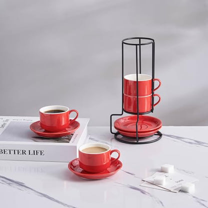 YOLIFE 2.5oz Espresso Cups Set of 4, Porcelain Stackable Espresso Cups, Expresso Shots Cup Set with Saucers and Metal Stand-Red - color: Red, size: 2.5oz