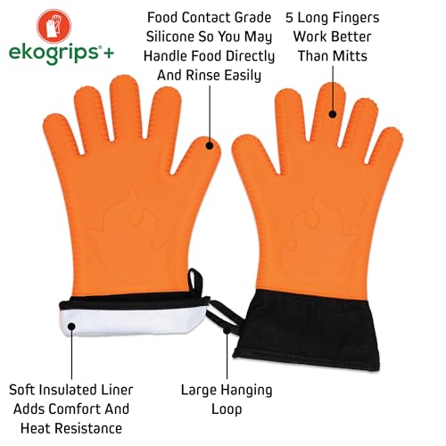 Ekogrips Plus Oven Gloves with Fingers, Comfy Waterproof Silicone Oven Mitts Heat Resistant with Long Cuff, Insulated BBQ Gloves Perfect for Grilling, Baking, Smoker, Canning, and Pizza, Black, OSFM - color: Black, size: OSFM