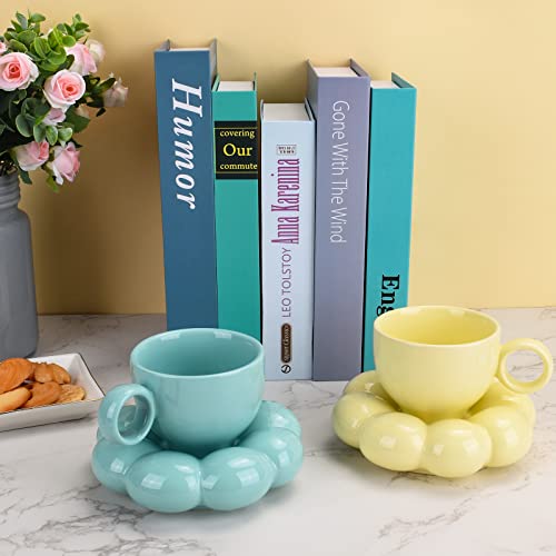 Koythin Ceramic Coffee Mug with Saucer Set, Creative Cute Cup with Sunflower Coaster for Office and Home, Dishwasher and Microwave Safe, 6.5 oz/200 ml for Tea Latte Milk (Lemon Yellow) | 200ml Tiny Floral Cup, Microwave & Dishwasher Safe; Afternoon Tea Cu
