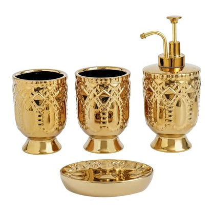 4-Piece Bathroom Accessory Set, Ceramic Bathroom Soap Dispenser Sets, Complete Gold Bath Decor Include Soap Dispenser, Toothbrush Holder, Tumblers,Soap Dish