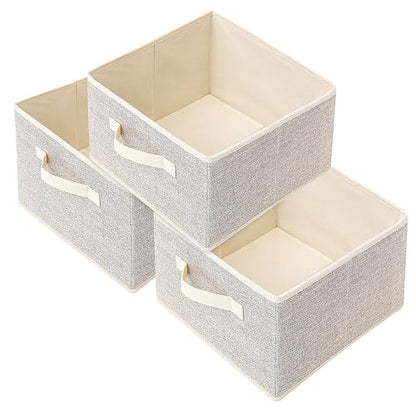 Storage Baskets, 11-Inch Woven Fabric Bins, Storage Cubes with Reinforced Handles, Organizer Bins for Closet Shelves, Foldable, for Toys, Clothes, Natural Beige (3PCS/Beige-11*11*7.8inch)
