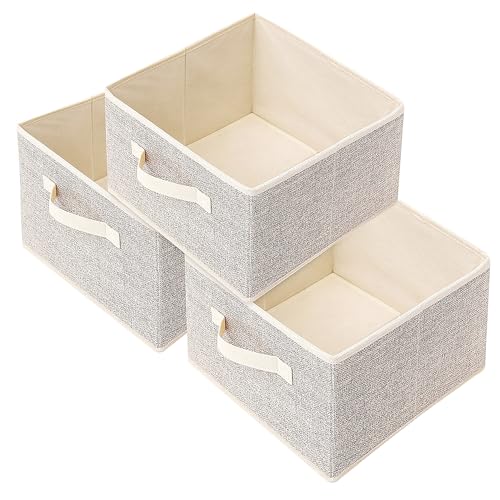 Storage Baskets, 11-Inch Woven Fabric Bins, Storage Cubes with Reinforced Handles, Organizer Bins for Closet Shelves, Foldable, for Toys, Clothes, Natural Beige (3PCS/Beige-11*11*7.8inch)