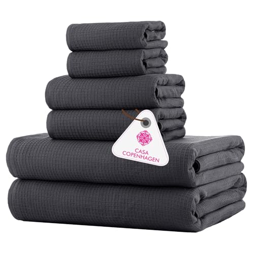 CASA COPENHAGEN Waffle 6Pcs 100% Egyptian Cotton Large Designer Towels Gift Set- Silver Grey, 2Bath 2Hand 2Washcloths, Bath Towels for Bathroom (Box Pack, Set for Women & Men) - color: Waffle 6pcs Towel Set Silver Grey, size: 6 Pieces