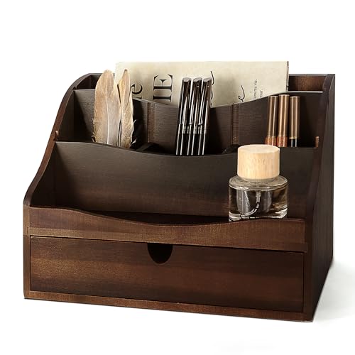 Acacia Wood Mail Organizer: Desktop Organizer for Storage, Dark Brown | Retro Countertop Mail Holder with Dividers, 4-Slot Letter Sorter, Office Accessories, Desktop Organizer, Apartment Aesthetic - color: A-Dark Acacia
