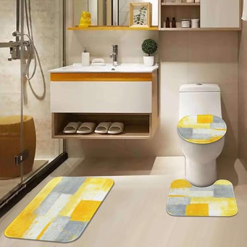 Bathroom Rug Set of 3, Bath Mats Abstract Art | Painting Yellow Grey 3 Pieces No Silp Washable Cover Floor Rug Decorations for Kitchen Bathroom