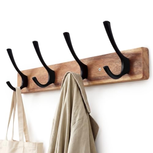 Coat Rack Wall Mount,Acacia Wood Coat Hooks Wall Mount,15" Wall Coat Rack with Heavy Duty 4-Double-Hooks,Hat Rack Wall Coat Hanger for Towel/Dog’s Leashes/Coat/Bag