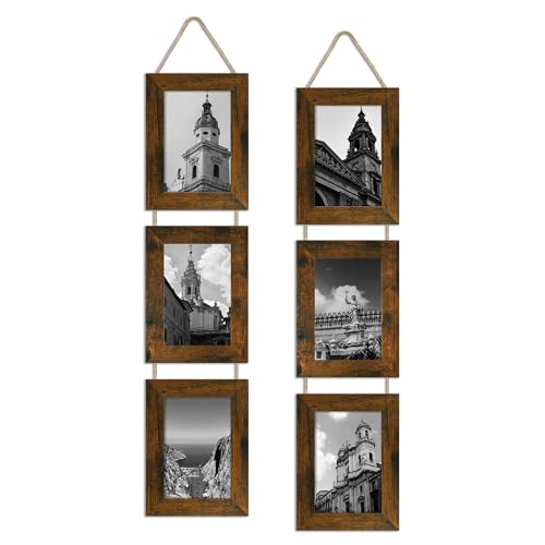 4x6 Collage Picture Frames Set of 2, Rustic Wooden Real Glass Vertical Hanging 3 Opening 4 by 6 Photo Frame, Brown - color: Brown, size: Vertical-4x6 in