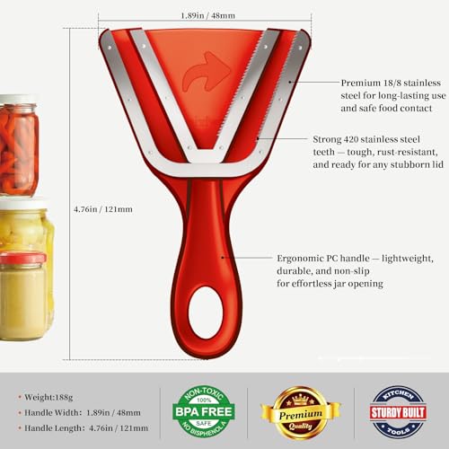 Jar Opener for Weak Hands & Seniors with Arthritis, Easy Twist-Off Lid & Bottle Opener, Ergonomic Handle with Stainless Steel Teeth, Practical Kitchen Gift for Elderly, Women & Men (0.2–5.3 in, Red) - color: Red